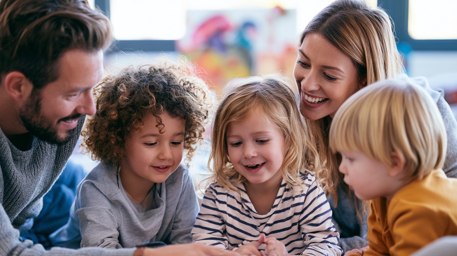A dad, mum and their three kids playing and learning together